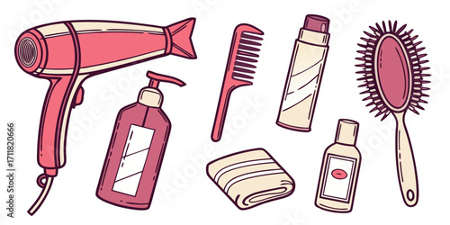 Hair salon vector tools set hair dryer and comb kinds flat illustration set
