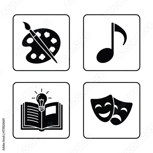 Set of icons representing creativity, learning, music, and performance art, suitable for digital and print media