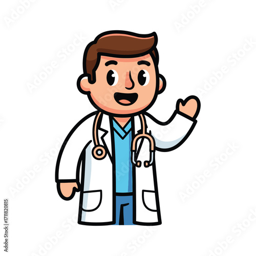 Friendly Male Doctor Cartoon Character Waving Hand. Cute Medical Professional Illustration for Healthcare Concepts and Websites