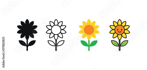 Vector icon gardening sunflower same pose same proportions four styles black solid glyph outline minimal flat multicolor filled cartoon flat shaded.