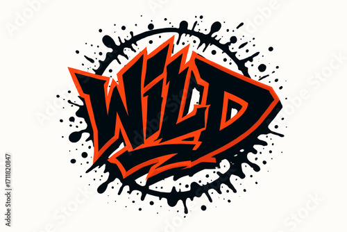 Wild graffiti lettering jagged bold tone surrounded by splatters circular frame composition clean white background vector look high contrast.