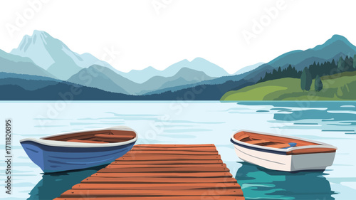 A digital illustration depicting a tranquil scene of two small rowboats moored at a wooden dock on a calm lake. The lake is surrounded by lush green hills and a majestic mountain range in the