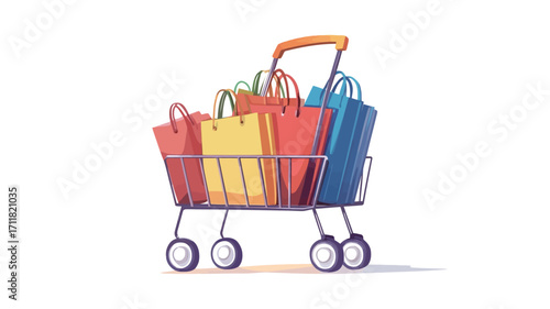 A digital illustration depicts a shopping cart overflowing with various colorful shopping bags. The bags are in shades of red, yellow, blue, and orange.  The shopping cart is metallic grey with