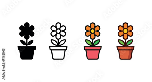 Vector icon gardening flower pot same pose same proportions four styles black solid glyph outline minimal flat multicolor filled cartoon flat shaded.