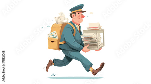 A digital illustration depicting a cartoon postman running while carrying a package. The postman is depicted in a blue uniform, a yellow backpack filled with letters and envelopes, and a cap.