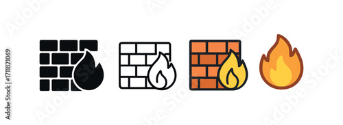Vector icon security firewall same pose same proportions four styles black solid glyph outline minimal flat multicolor filled cartoon flat shaded.