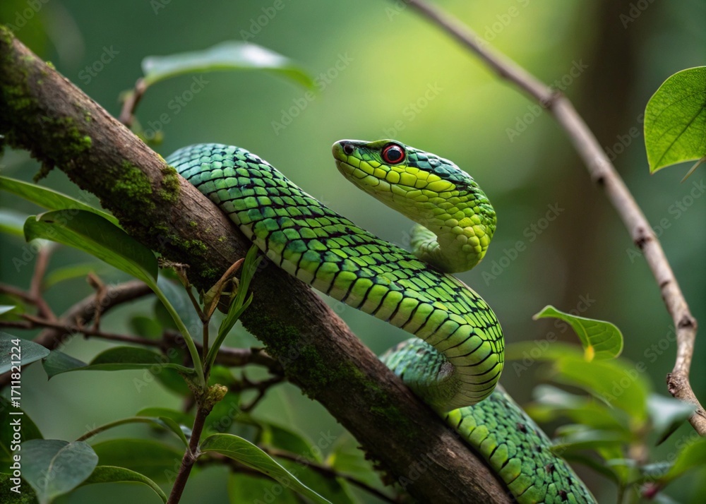 Naklejka premium green snake in the tree