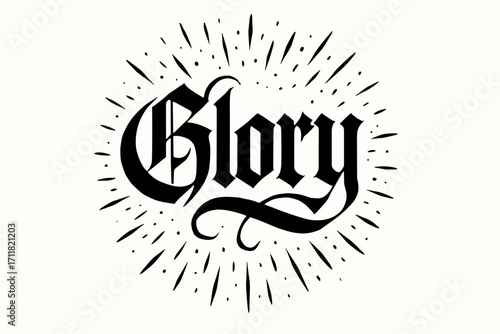 Glory gothic medieval calligraphy heavy dramatic curves surrounded by sparks circular frame composition clean white background vector look high contrast.