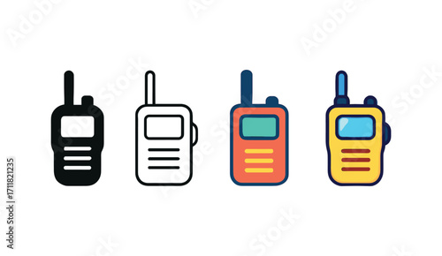 Vector icon communication walkie talkie same pose same proportions four styles black solid glyph outline minimal flat multicolor filled cartoon flat shaded.