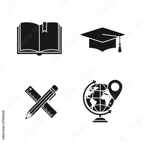 Educational Symbols and Icons Books, Graduation, Measurement, and Global Location for Learning