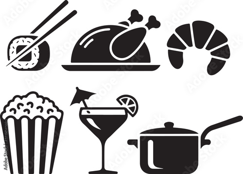 Delicious food icons: sushi, chicken, croissant, popcorn, cocktail, pot