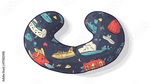 A top-down studio shot of a U-shaped neck pillow. The pillow is dark blue with a pattern of colorful cartoon illustrations of various modes of transportation including airplanes, ships