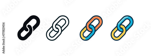 Vector icon SEO backlink chain same pose same proportions four styles black solid glyph outline minimal flat multicolor filled cartoon flat shaded.