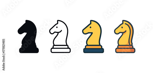 Vector icon business strategy chess piece same pose same proportions four styles black solid glyph outline minimal flat multicolor filled cartoon flat shaded.