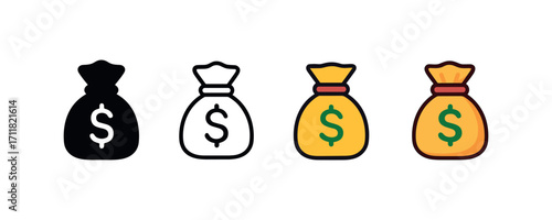 Vector icon casino money bag same pose same proportions four styles black solid glyph outline minimal flat multicolor filled cartoon flat shaded.