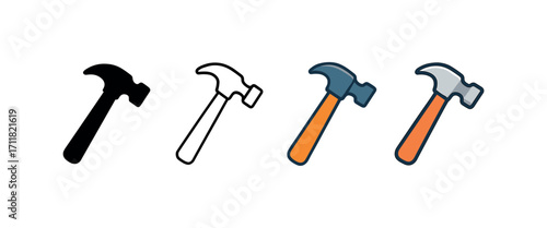 Vector icon build hammer tool same pose same proportions four styles black solid glyph outline minimal flat multicolor filled cartoon flat shaded.