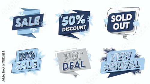 Collection of six modern, stylized sale and discount banners with text labels like "SALE," "50% DISCOUNT," "SOLD OUT," "BIG SALE," "HOT DEAL," and "NEW ARRIV...