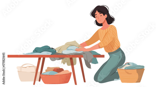 A vector illustration depicts a young woman with dark hair kneeling beside a simple wooden table or ironing board. She is folding laundry, and there are laundry baskets, one wicker and one fabric,