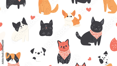 The image is a digital illustration of a repeating seamless pattern.  The pattern features various breeds of stylized dogs and cats in a cartoon style. The animals are depicted in a simplified,