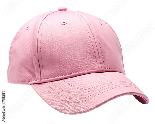 A soft pink baseball cap viewed from the front, curved brim slightly angled downward, 