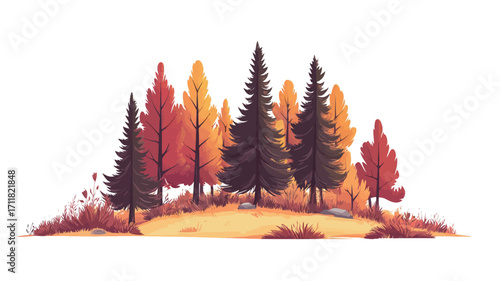 A digital painting or illustration depicting a small grove of trees on a gently sloping hill against a white background.  The trees are primarily evergreens (pines or similar conifers) with several