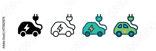 Vector icon ecology electric car same pose same proportions four styles black solid glyph outline minimal flat multicolor filled cartoon flat shaded.