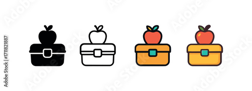 Vector icon school lunchbox same pose same proportions four styles black solid glyph outline minimal flat multicolor filled cartoon flat shaded.