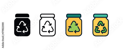 Vector icon ecology zero waste jar same pose same proportions four styles black solid glyph outline minimal flat multicolor filled cartoon flat shaded.