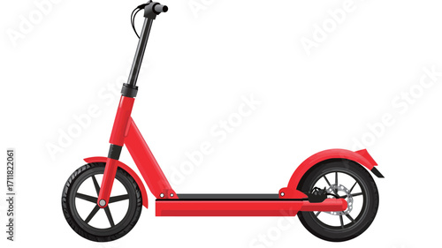 A studio shot of a red electric scooter viewed from the side. The scooter is predominantly red with black accents on the handlebars and wheels. It features a flat deck, relatively large wheels