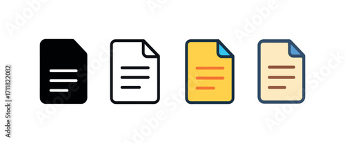 Vector icon office document file same pose same proportions four styles black solid glyph outline minimal flat multicolor filled cartoon flat shaded.