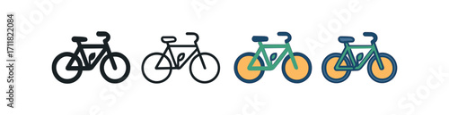 Vector icon ecology bicycle eco same pose same proportions four styles black solid glyph outline minimal flat multicolor filled cartoon flat shaded.