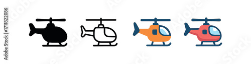 Vector icon transport helicopter same pose same proportions four styles black solid glyph outline minimal flat multicolor filled cartoon flat shaded.