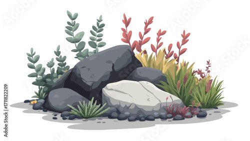 A digital illustration depicting a cluster of cartoon-style gray and white rocks surrounded by various types of stylized plants and flowers. The plants are rendered in a flat, illustrative style