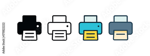 Vector icon office printer same pose same proportions four styles black solid glyph outline minimal flat multicolor filled cartoon flat shaded.