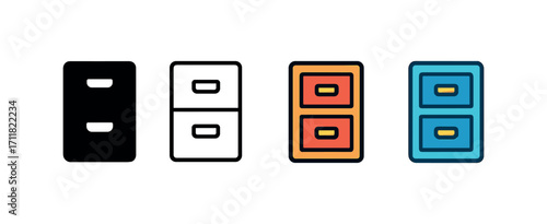 Vector icon office filing cabinet same pose same proportions four styles black solid glyph outline minimal flat multicolor filled cartoon flat shaded.