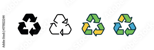 Vector icon ecology recycling arrows same pose same proportions four styles black solid glyph outline minimal flat multicolor filled cartoon flat shaded.