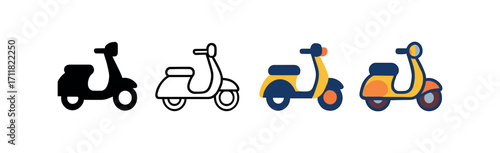 Vector icon transport scooter same pose same proportions four styles black solid glyph outline minimal flat multicolor filled cartoon flat shaded.