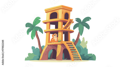 A digital illustration depicting a stylized yellow tower structure resembling a watchtower or observation post situated amidst tropical palm trees and lush greenery. A cat is visible inside one of