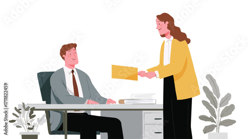 The illustration depicts a flat-design style image of a man and a woman in business attire in an office setting.  The woman, in a yellow jacket, is handing a yellow folder to a seated man in a grey