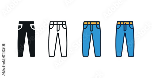 Vector icon fashion jeans same pose same proportions four styles black solid glyph outline minimal flat multicolor filled cartoon flat shaded.