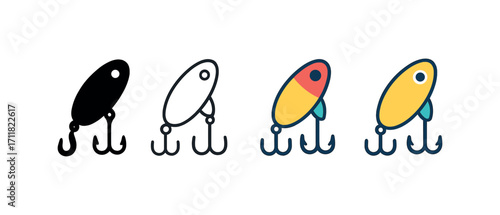 Vector icon fishing lure same pose same proportions four styles black solid glyph outline minimal flat multicolor filled cartoon flat shaded.