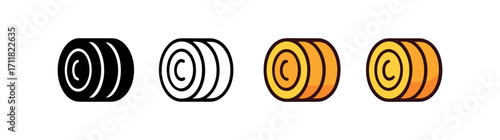 Vector icon farm hay bale same pose same proportions four styles black solid glyph outline minimal flat multicolor filled cartoon flat shaded.