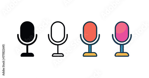 Vector icon music microphone same pose same proportions four styles black solid glyph outline minimal flat multicolor filled cartoon flat shaded.