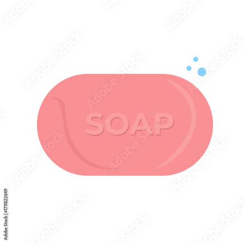 Pink bar soap for bathing and maintaining skin cleanliness and overall body health, flat art design style.
