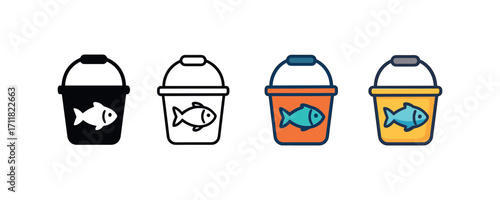 Vector icon fishing bucket same pose same proportions four styles black solid glyph outline minimal flat multicolor filled cartoon flat shaded.