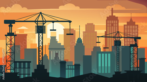 Vector art of construction site with cranes and buildings at sunset, a vibrant cityscape with construction equipment against a colorful sky in a flat design style