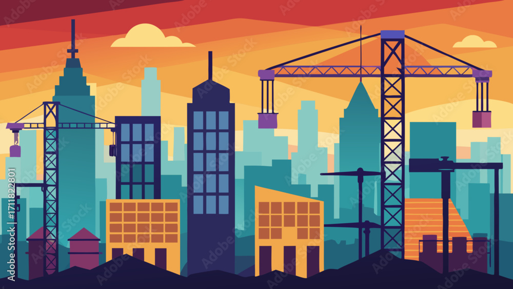 Obraz premium Vector art of vibrant illustration of a city skyline under construction at sunset, featuring cranes and various buildings in a colorful urban landscape