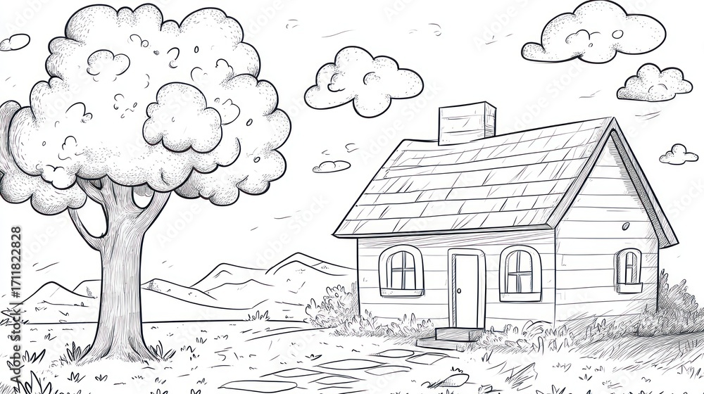 Obraz premium Simple house and tree illustration