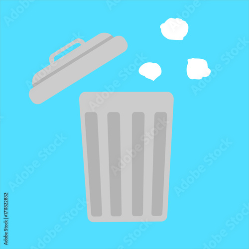 Silver metal/aluminum trash bin, ideal as a durable waste container for a clean environment, flat art design style.
