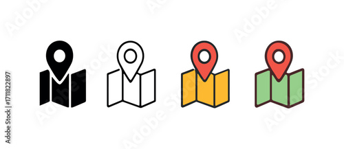 Vector icon travel map location same pose same proportions four styles black solid glyph outline minimal flat multicolor filled cartoon flat shaded.